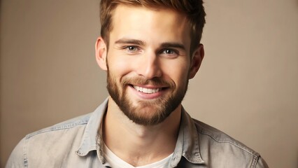 Obraz premium A portrait of a young man smiling warmly against a neutral gray background