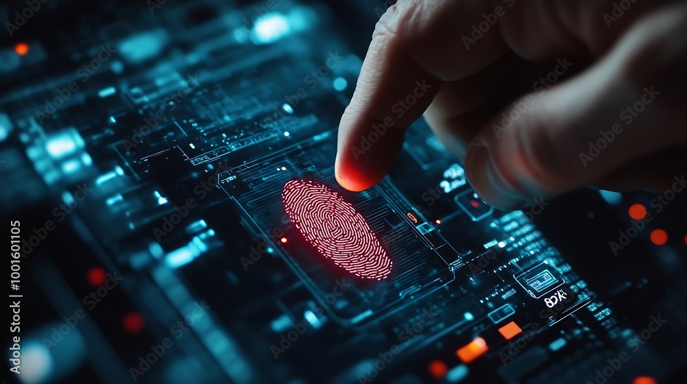 Fototapete Man using thumb to scan finger print or for digital processing  biometric identification  to access  security system includes internet banking cloud system and mobile phone  Cyber secu : Generative AI