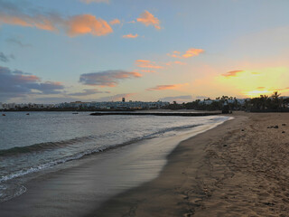 Sunset over the Atlantic Ocean in Costa Teguise, Lanzarote Spain