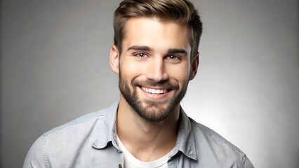 A portrait of a young man smiling warmly against a neutral gray background