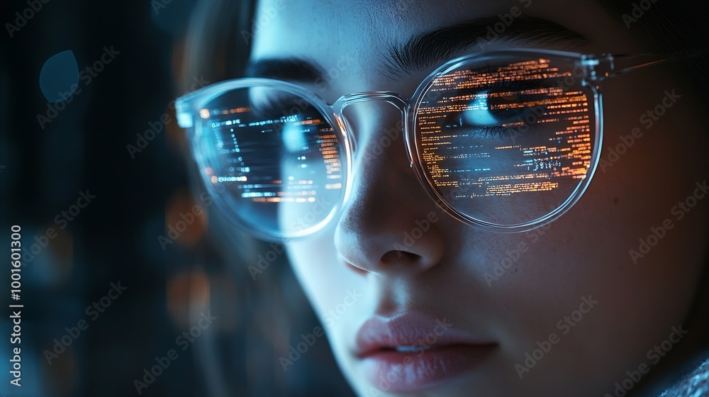 Poster Software data hologram and woman with code analytics information technology and gdpr overlay Programmer coding or IT person in glasses reading html script programming and cyber securit : Generative AI