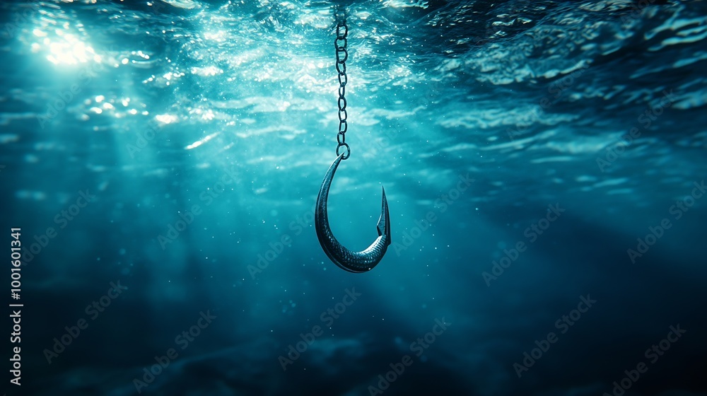Poster login information attached to large hook under water with sunlight phishing concept : generative ai