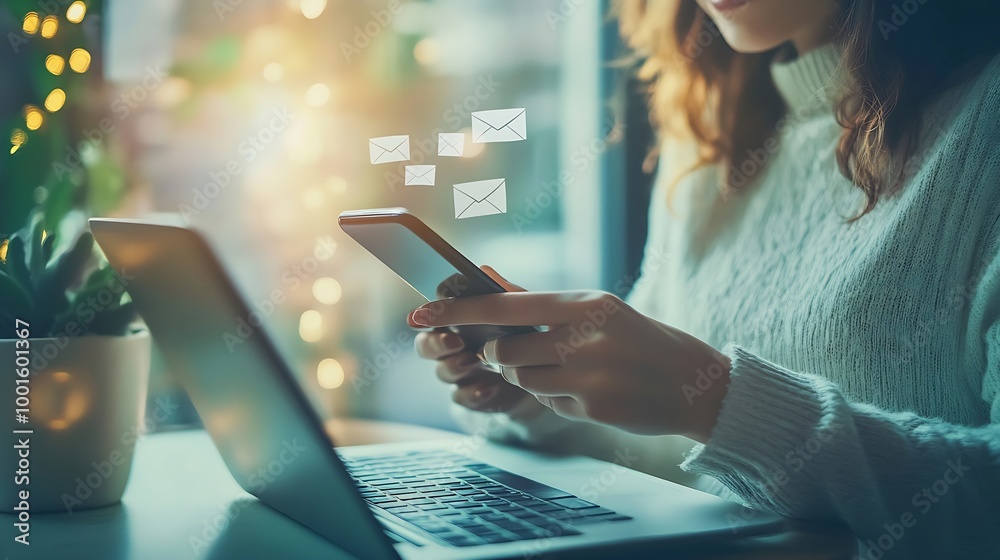 Poster business person reading emails on smartphone and laptop computer screen online communication and mar