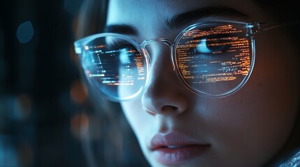 Software data hologram and woman with code analytics information technology and gdpr overlay Programmer coding or IT person in glasses reading html script programming and cyber securit : Generative AI