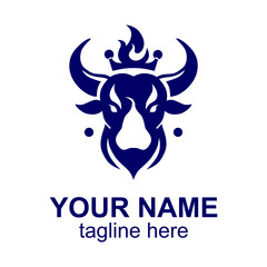 a blue and white logo with a head of a bull on it