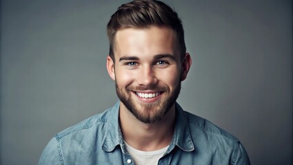 A portrait of a young man smiling warmly against a neutral gray background