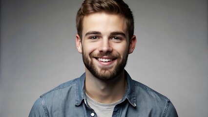 Obraz premium A portrait of a young man smiling warmly against a neutral gray background