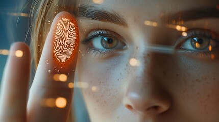 Biometrics security and  innovation technology concept Woman using fingerprint indentification to personal access Touch ID : Generative AI