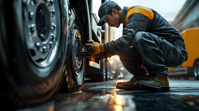 Mechanic repairs truck tire on city street during early morning.