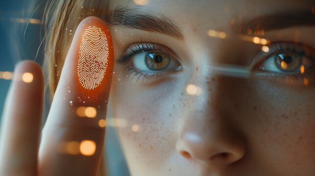 Biometrics security and  innovation technology concept Woman using fingerprint indentification to personal access Touch ID : Generative AI