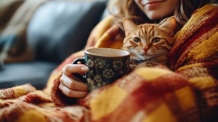 Close up woman in plaid holding cup of tea or coffee watching movie TV with multicolored cat on the sofa at home decorated for fall holidays Cozy and comfortable autumn concept Selecti : Generative AI