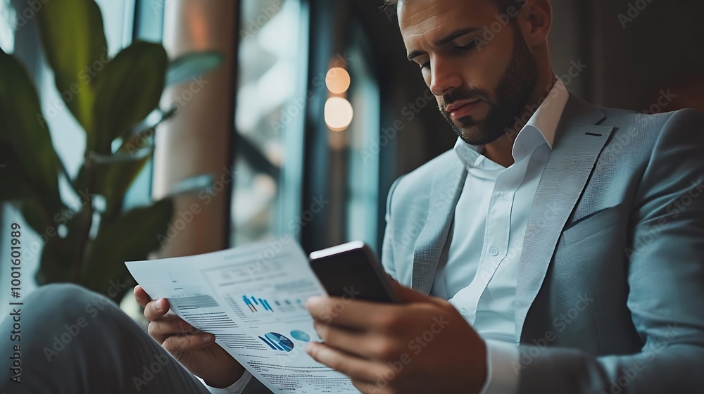 Poster business man looking at financial information from a mobile phone he is checking company financial d