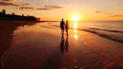 Fototapeta premium Silhouette of couple walking hand in hand on the beach at sunset