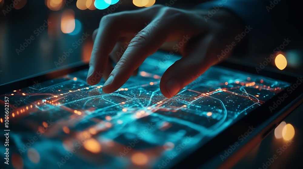 Fototapete Digital technology internet global network technology concept Business man using digital tablet computer with global internet network connection smart city background data exchange eco : Generative AI