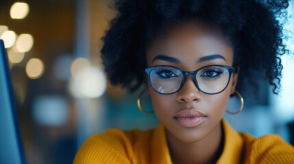 Office computer and black woman with glasses serious or reading email online research or report Laptop concentration and African journalist proofreading article for digital news websit : Generative AI