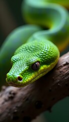 Fototapeta premium Coiled Green Python A Wild Snake Resting on a Branch in Nature