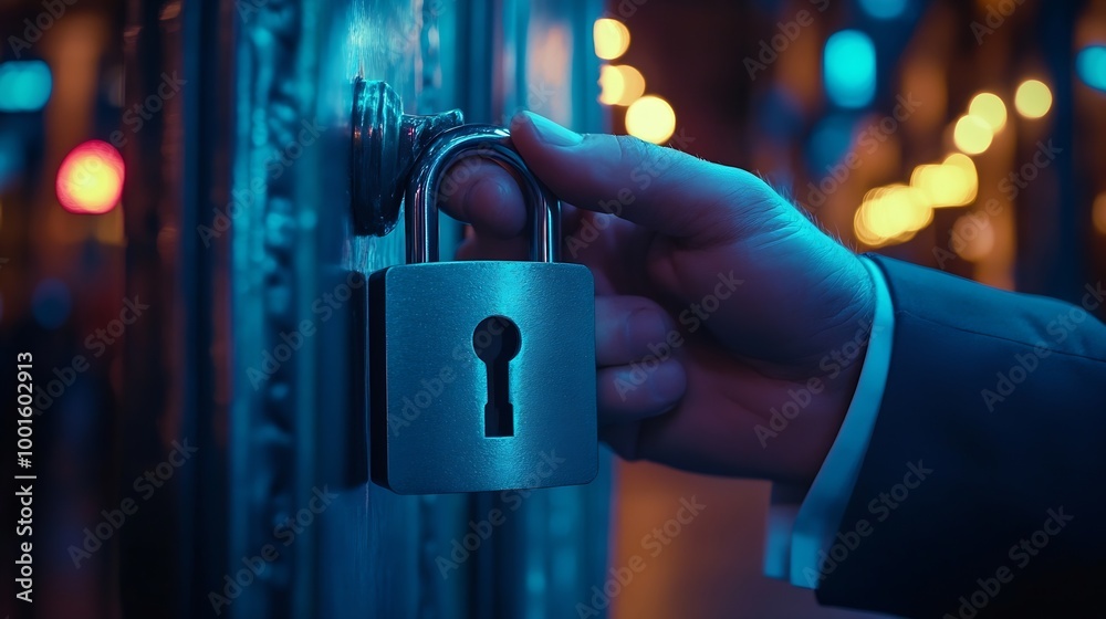 Poster Cyber security and data protection businessman holding padlock Internet network security system protecting business and financial transaction data from cyberattacks secure data encrypt : Generative AI