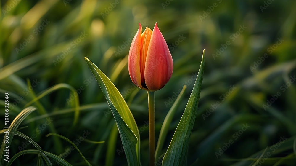 Poster closeup of an unopened tulip bud against a background of grass top view : generative ai