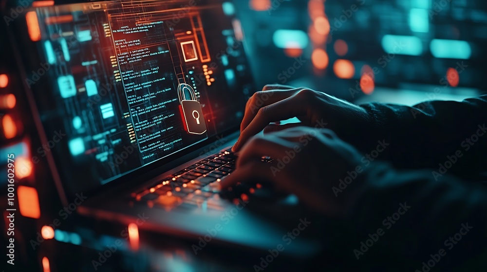 Aufkleber Cyber security network Data protection concept Businessman using laptop computer and digital tablet with padlock on network security technology with cloud computing data management cyb : Generative AI