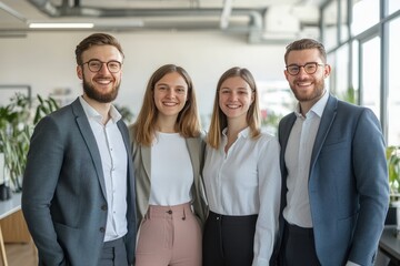 A group of four people are posing for a photo in a business setting, generative ai image