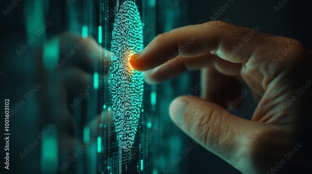 Poster Businessman using fingerprint indentification to access personal financial data Idea for Ekyc electronic know your customer biometrics security innovation technology against digital cy : Generative AI