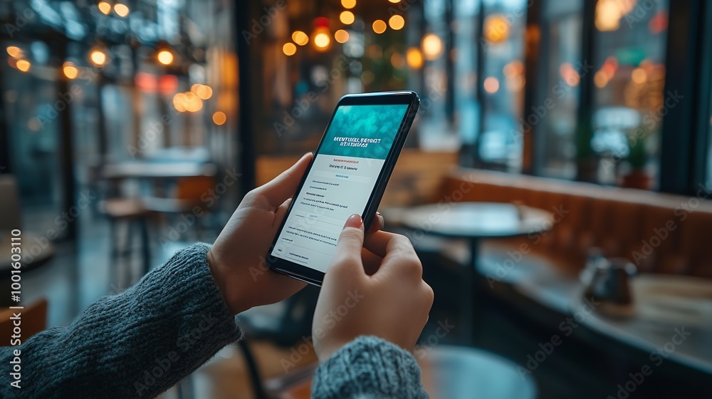 Poster Hand holding smartphone with receive newsletter form screen on cafe background : Generative AI