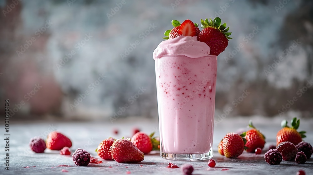 Poster a glass of strawberry milkshake or smoothie with strawberries on a light background with fresh berri