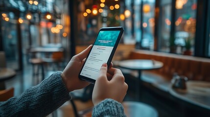 Hand holding smartphone with receive newsletter form screen on cafe background : Generative AI