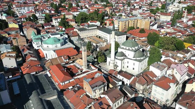 Aerial view of the Old Town in Sarajevo and Gazi Husrev-beg Mosque
