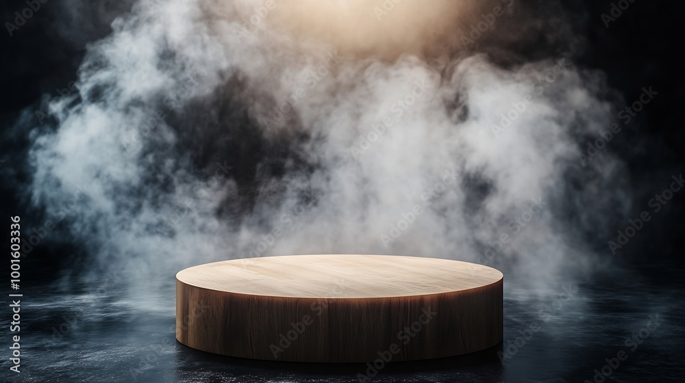 Leinwandbilder The empty wooden cylinder shape of product display Podium Stand for showing or design blank backdrop dark abstract wall with smoke float up Platform illuminated by spotlights : Generative AI