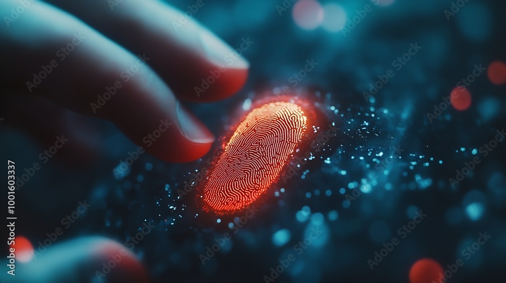 Fototapete Man scan fingerprint biometric identity and approval Secure access granted by valid fingerprint scan cyber security on internet of digital program futuristic applications cybernetic bu : Generative AI