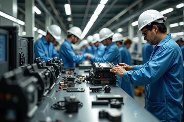 Workers assembling electric car control systems in a factory