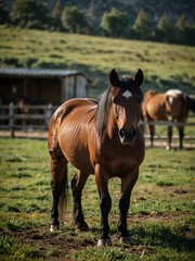 Horses roaming freely on a ranch.