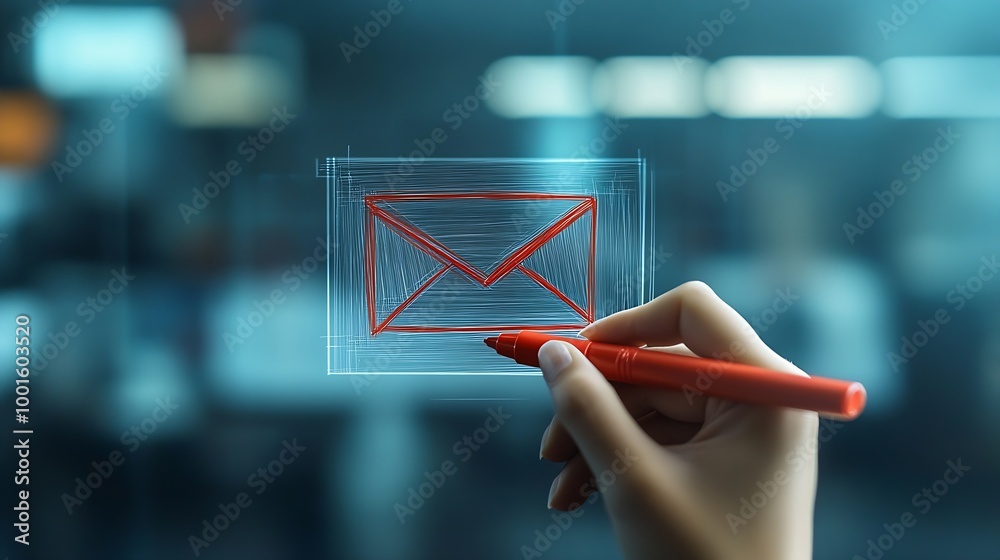 Poster Hand sketching Email Concept with red marker on transparent wipe board : Generative AI