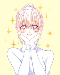 両手を頬に当てて喜ぶ女性　キラキラ