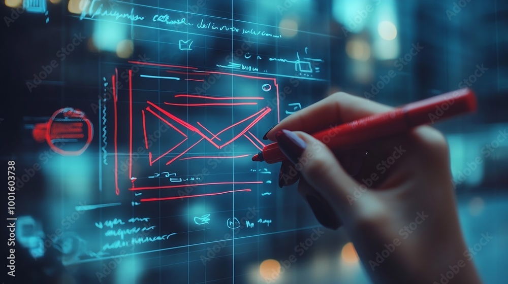 Poster Hand sketching Email Concept with red marker on transparent wipe board : Generative AI