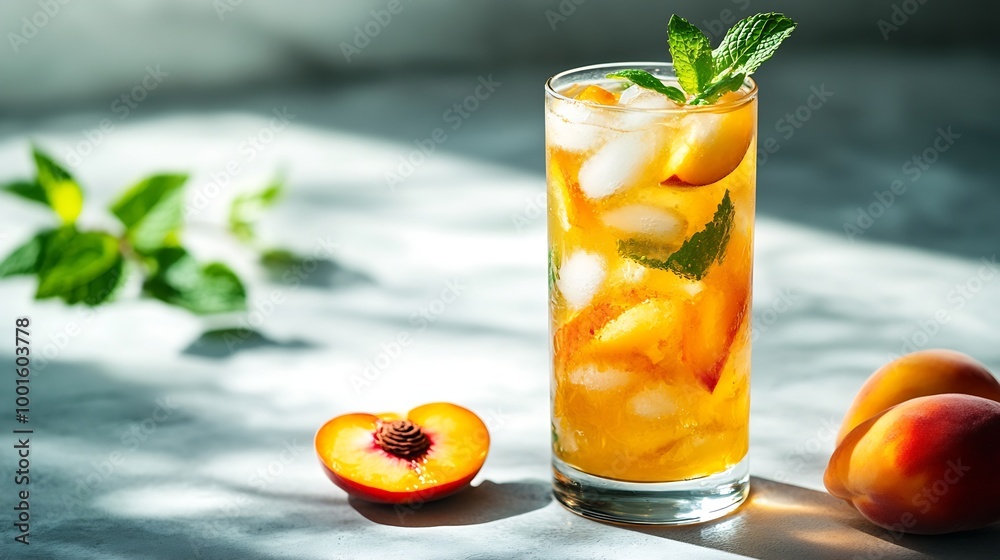 Aufkleber refreshing peach iced mint tea the concept of a healthy homemade cold summer drink in a tall glass o