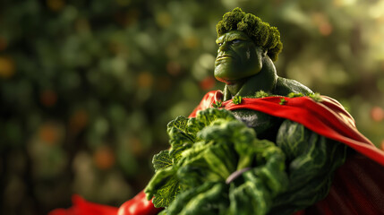Vegetable superhero. 3D character of broccoli as a hero with super power. Concept: green superfood and vegetables for a healthy diet, restaurant and box diet design.