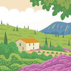 Beautiful rural southern landscape with nature and house. Farm vineyards, cypress trees, lavender flowers and mountains. French Provence. Vector art illustration