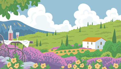 Beautiful summer landscape with the sea, flowers, a table with a bottle of wine and a glass. French resort Provence. House with a vineyard. Travel, vacation and relaxation. Vector art illustration