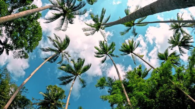Palm leaves against blue sky. View from bottom to top.  Travel destinations. Travel concept to exotic countries.