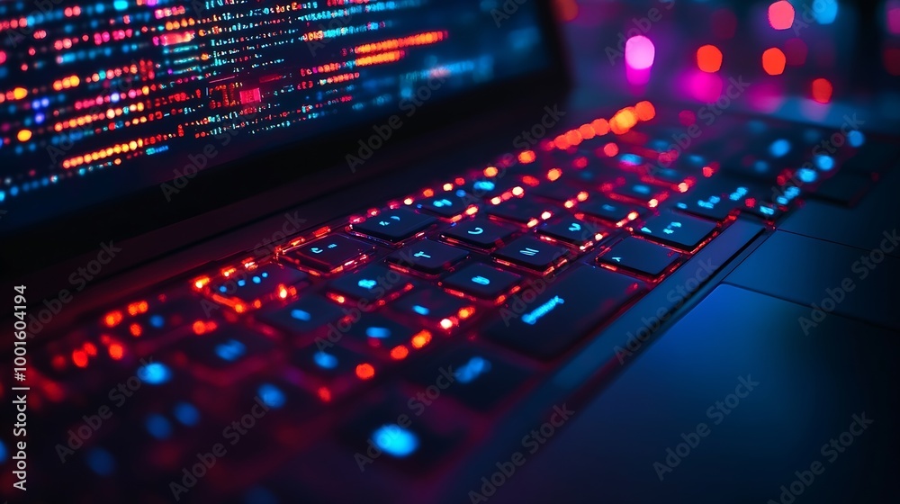 Fototapete close up computer engineering writing programming code in database on laptop keyboard to protect and blocking spam email from internet and hacker for smart technology concept : Generative AI
