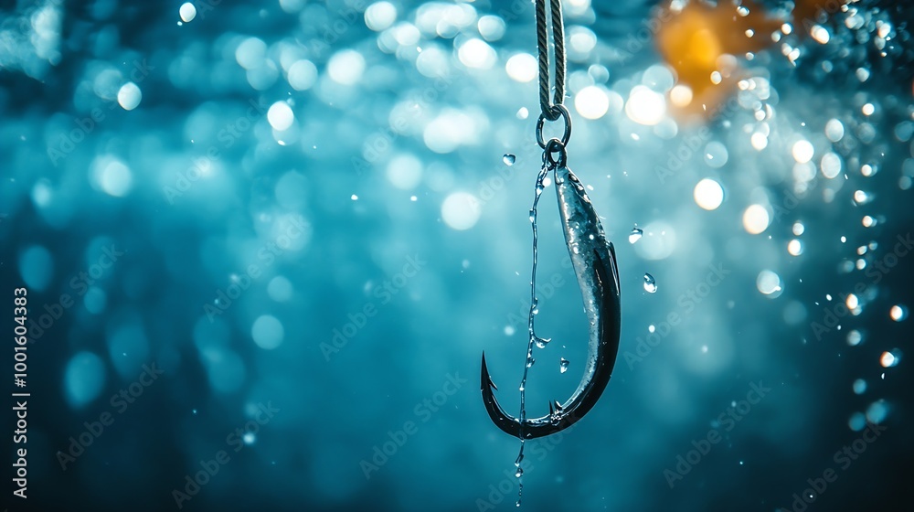 Poster login information attached to large hook under water with sunlight phishing concept : generative ai