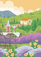 Naklejka premium Beautiful summer landscape with the sea, flowers, a table with a bottle of wine and a glass. House with a vineyard. French resort Provence. Travel, vacation and relaxation. Vector art illustration