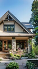 A cozy Craftsman house exterior in soft beige, highlighted by stone accents and a charming garden.