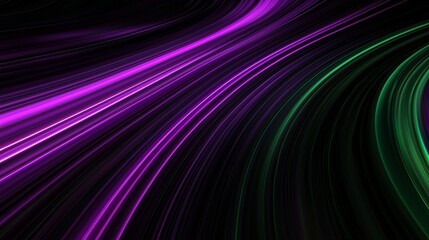 Fototapeta premium Graceful purple and green lines glow on black, creating a futuristic abstract design. Perfect for websites or presentations. Transport to a magical universe of light and color