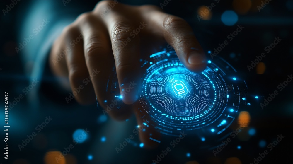 Poster Businessman using fingerprint indentification to access personal financial data for Ekyc electronic know your customer biometrics security innovation technology against digital cyber c : Generative AI