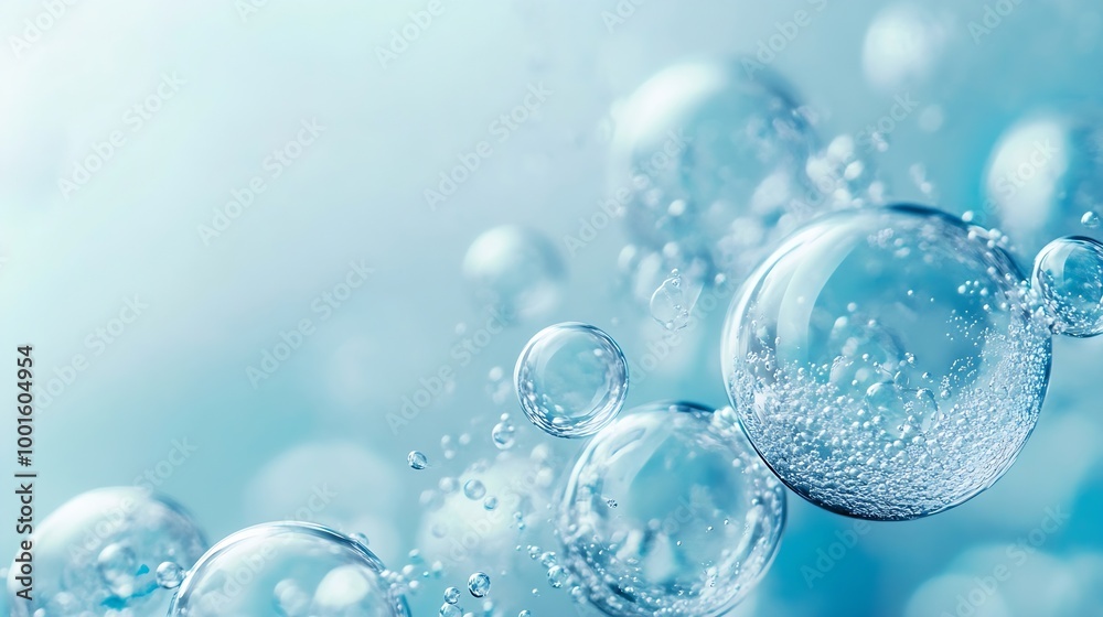 Poster oil bubbles close up a circles of water macro abstract light blue background : generative ai