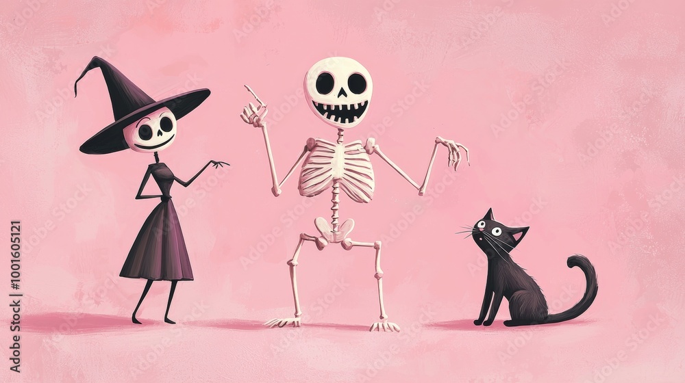 Wall mural skeleton dancing with a witch and a black cat on a pink background, a funny illustration for hallowe