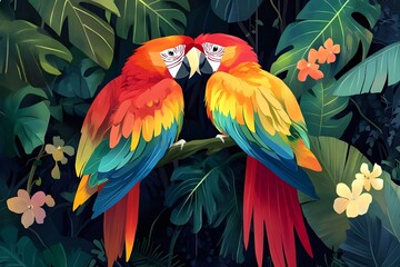 Vibrant Parrots Perched Jungle Canopy